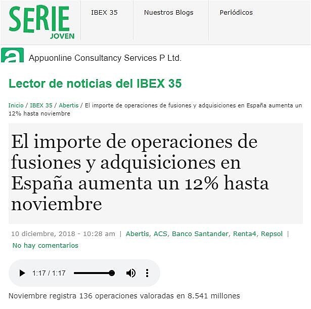 El importe de operaciones de fusiones y adquisiciones en Espaa aumenta un 12% hasta noviembre